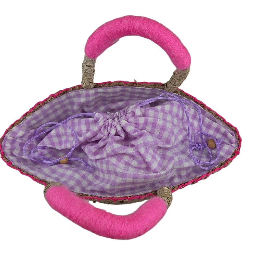 Handmade Straw Heart Medium Tote Bag Pink Boho Beachy Woven Summer Purse
